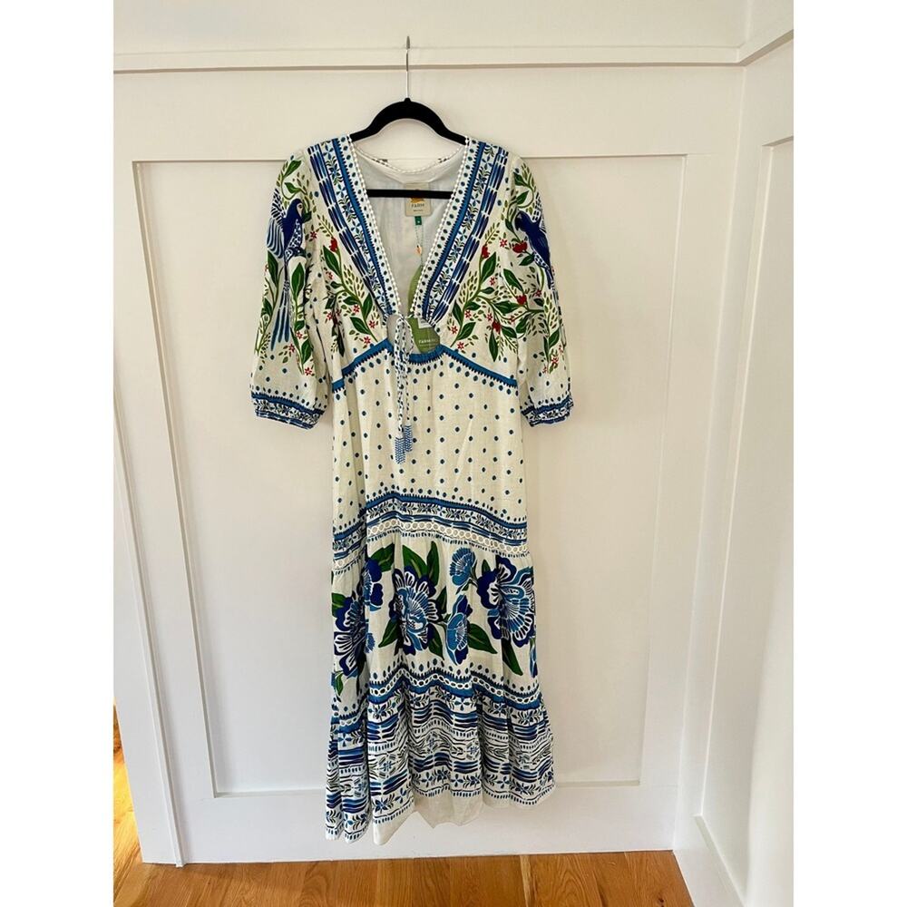 Farm Rio Maxi Dress White Blue Green Floral Bird Print V Neck Tie Waist - Picture 2 of 5